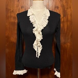 Anne Fontaine Black Long Sleeve Top with Cream Ruffle Placket